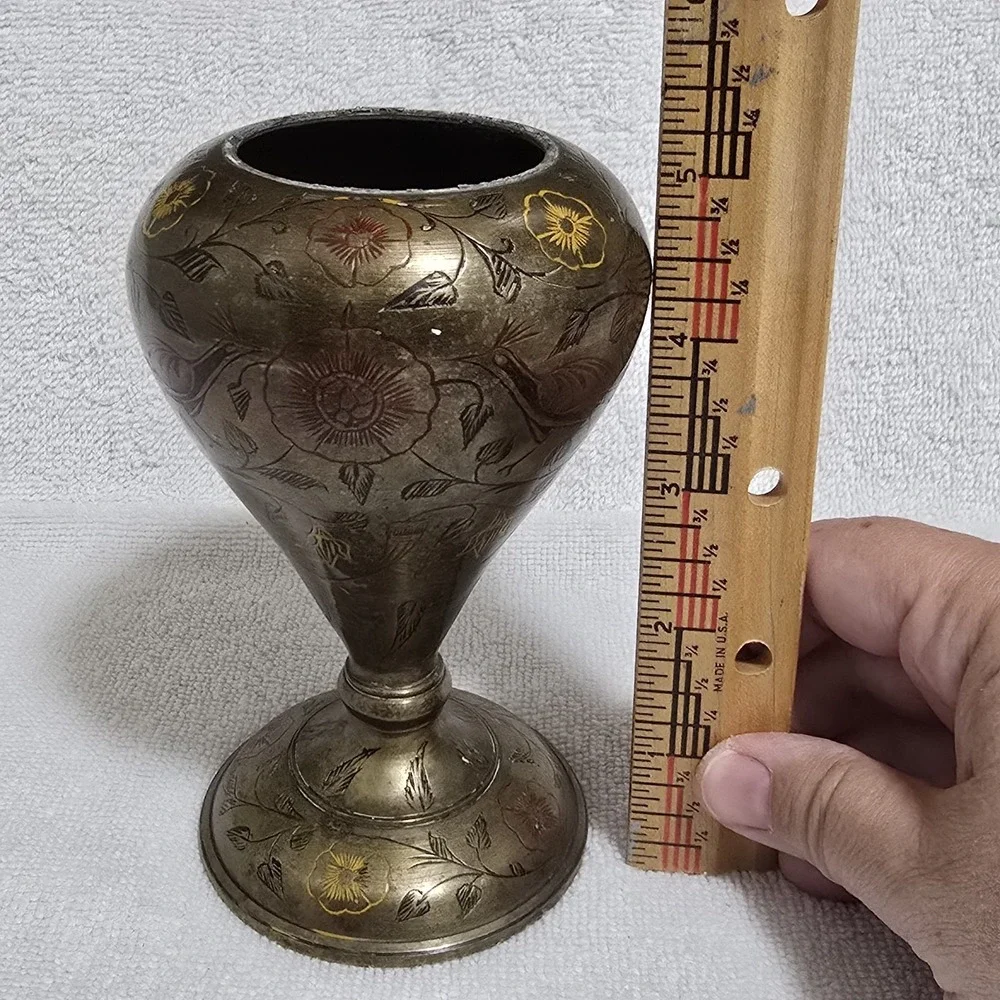Vintage Hand Etched Solid Brass Pedestal Bud Vase Peacock Floral India 5
